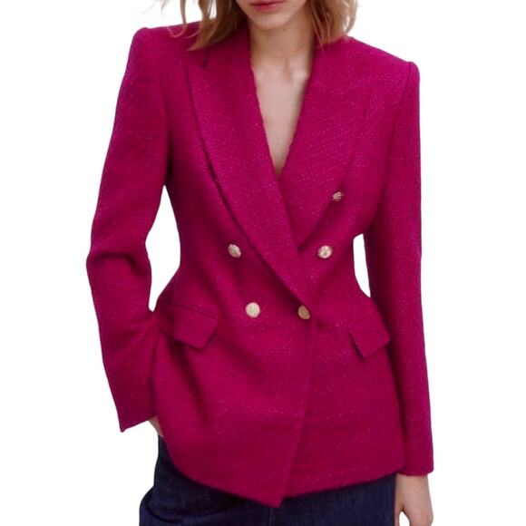 NEW Zara Fuschia Pink Double Breasted Textured Tweed Blazer Jacket M - Picture 1 of 8